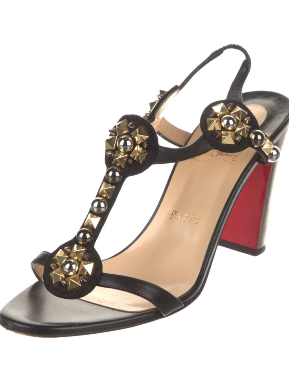 Christian Louboutin Black Leather T-Strap Sandals with Studs - Picture 2 of 8
